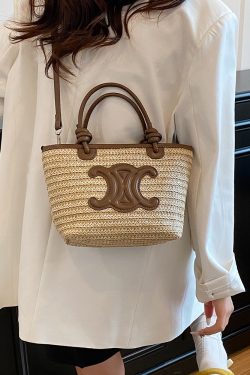 2025 Summer Minimalist Straw Bucket Tote Bag for Women - Casual Crossbody Beach Vacation Essential