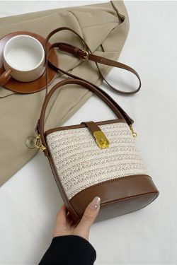 2025 Summer Rainbow Striped Woven Straw Bucket Bag for Women - High-End Crossbody Tote Bag