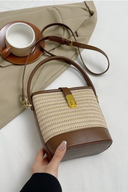 2025 Summer Rainbow Striped Woven Straw Bucket Bag for Women - High-End Crossbody Tote Bag