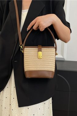 2025 Summer Rainbow Striped Woven Straw Bucket Bag for Women - High-End Crossbody Tote Bag