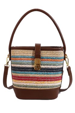 2025 Summer Rainbow Striped Woven Straw Bucket Bag for Women - High-End Crossbody Tote Bag