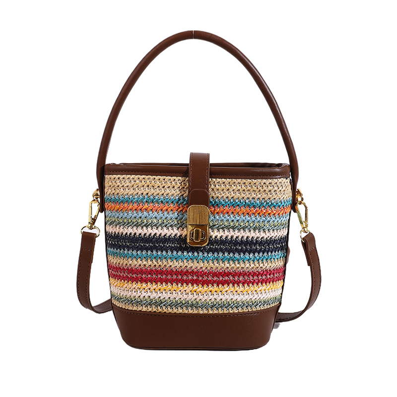 2025 Summer Rainbow Striped Woven Straw Bucket Bag for Women - High-End Crossbody Tote Bag 2025 Summer Rainbow Striped Woven Straw Bucket Bag for Women - High-End Crossbody Tote Bag