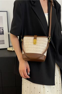 2025 Summer Rainbow Striped Woven Straw Bucket Bag for Women - High-End Crossbody Tote Bag