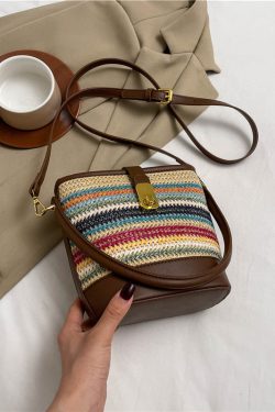 2025 Summer Rainbow Striped Woven Straw Bucket Bag for Women - High-End Crossbody Tote Bag