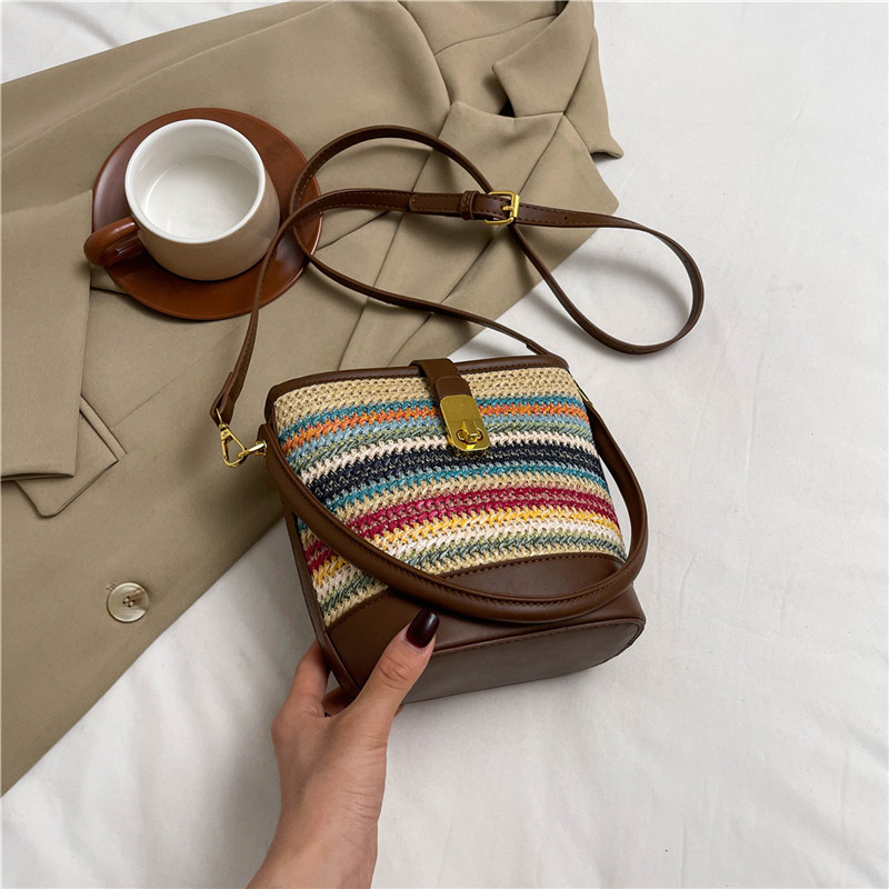 2025 Summer Rainbow Striped Woven Straw Bucket Bag for Women - High-End Crossbody Tote Bag 2025 Summer Rainbow Striped Woven Straw Bucket Bag for Women - High-End Crossbody Tote Bag