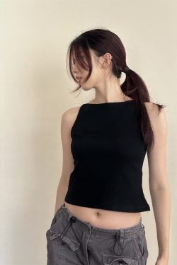 2025 Summer Sexy Vintage American Minimalist Solid Black Sleeveless Tank Top with Thin Straps - Y2K Style