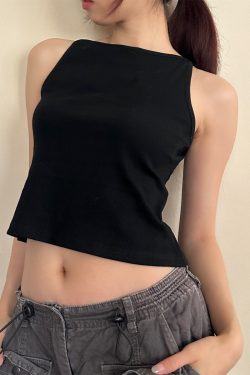 2025 Summer Sexy Vintage American Minimalist Solid Black Sleeveless Tank Top with Thin Straps - Y2K Style