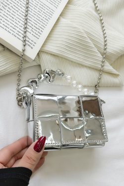 2025 Summer Silver Diagonal Mini Crossbody Bag for Women - Trendy Chain Handbag for Lipstick and Essentials