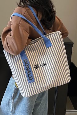 2025 Summer Striped Canvas Tote Bag for Women - Large Capacity Korean Style Shoulder Bag for Commuting and Classroom