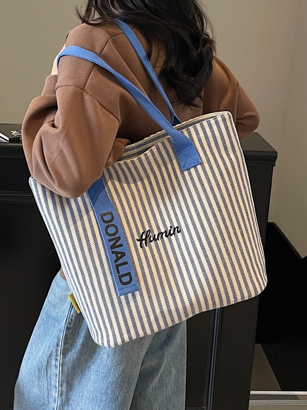 2025 Summer Striped Canvas Tote Bag for Women - Large Capacity Korean Style Shoulder Bag for Commuting and Classroom 2025 Summer Striped Canvas Tote Bag for Women - Large Capacity Korean Style Shoulder Bag for Commuting and Classroom