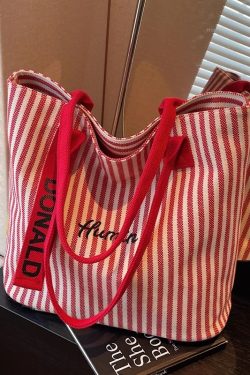 2025 Summer Striped Canvas Tote Bag for Women - Large Capacity Korean Style Shoulder Bag for Commuting and Classroom