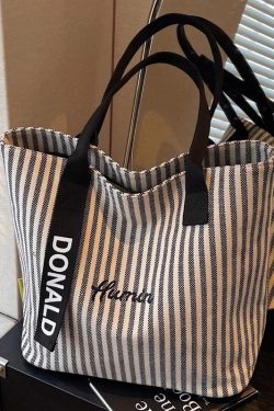 2025 Summer Striped Canvas Tote Bag for Women - Large Capacity Korean Style Shoulder Bag for Commuting and Classroom