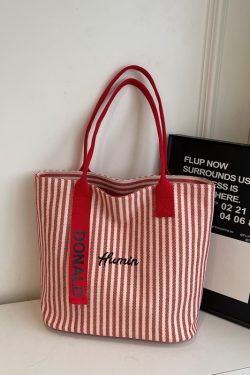 2025 Summer Striped Canvas Tote Bag for Women - Large Capacity Korean Style Shoulder Bag for Commuting and Classroom