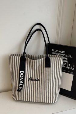 2025 Summer Striped Canvas Tote Bag for Women - Large Capacity Korean Style Shoulder Bag for Commuting and Classroom