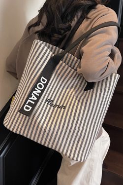 2025 Summer Striped Canvas Tote Bag for Women - Large Capacity Korean Style Shoulder Bag for Commuting and Classroom