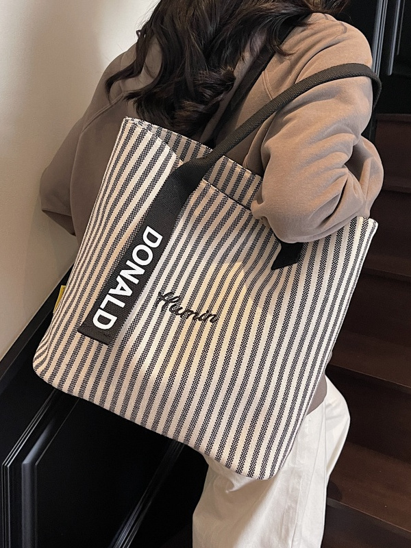 2025 Summer Striped Canvas Tote Bag for Women - Large Capacity Korean Style Shoulder Bag for Commuting and Classroom 2025 Summer Striped Canvas Tote Bag for Women - Large Capacity Korean Style Shoulder Bag for Commuting and Classroom