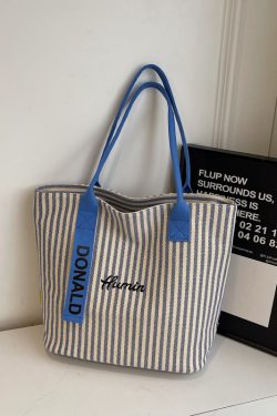 2025 Summer Striped Canvas Tote Bag for Women - Large Capacity Korean Style Shoulder Bag for Commuting and Classroom