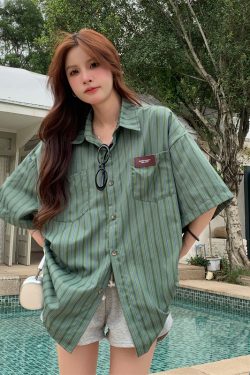 2025 Summer Striped Short Sleeve Shirt for Women - Trendy Casual Blouse, Loose Versatile Top for Students, American Style