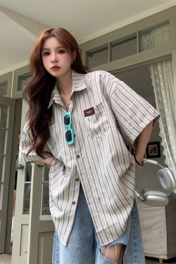 2025 Summer Striped Short Sleeve Shirt for Women - Trendy Casual Blouse, Loose Versatile Top for Students, American Style