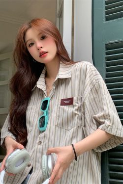 2025 Summer Striped Short Sleeve Shirt for Women - Trendy Casual Blouse, Loose Versatile Top for Students, American Style