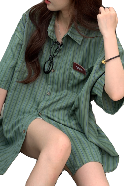 2025 Summer Striped Short Sleeve Shirt for Women - Trendy Casual Blouse, Loose Versatile Top for Students, American Style