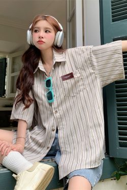 2025 Summer Striped Short Sleeve Shirt for Women - Trendy Casual Blouse, Loose Versatile Top for Students, American Style