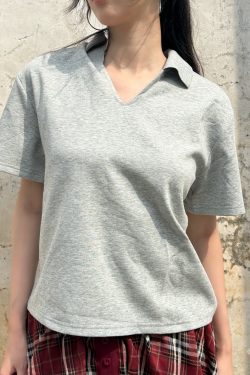 2025 Summer V-Neck Polo Shirt for Women - Solid Color, Simple Loose Slim Fit, Short Sleeve, Casual Chic Style
