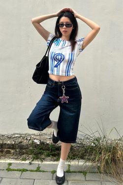 2025 Summer Women's Blue Striped Tight Round Neck T-Shirt - Trendy Jersey Style, Short Sleeve, Casual Fashion