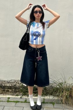 2025 Summer Women's Blue Striped Tight Round Neck T-Shirt - Trendy Jersey Style, Short Sleeve, Casual Fashion