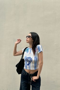 2025 Summer Women's Blue Striped Tight Round Neck T-Shirt - Trendy Jersey Style, Short Sleeve, Casual Fashion