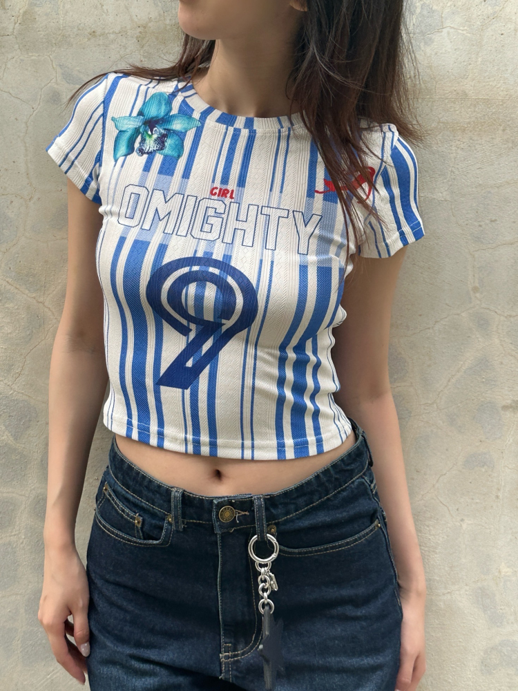 2025 Summer Women's Blue Striped Tight Round Neck T-Shirt - Trendy Jersey Style, Short Sleeve, Casual Fashion 2025 Summer Women's Blue Striped Tight Round Neck T-Shirt - Trendy Jersey Style, Short Sleeve, Casual Fashion