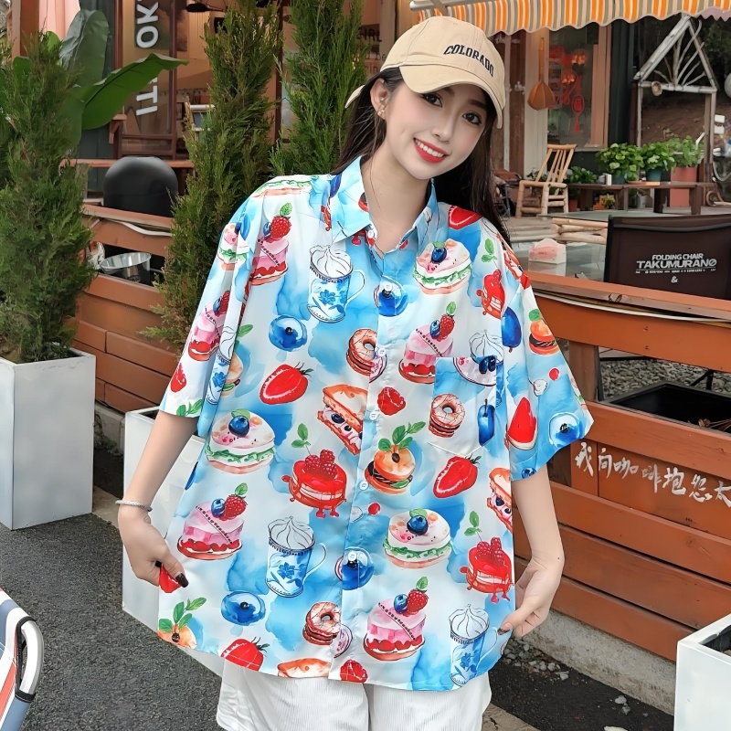 2025 Summer Women's Cartoon Print Short Sleeve Shirt - Casual Loose Hawaiian Beach Top 2025 Summer Women's Cartoon Print Short Sleeve Shirt - Casual Loose Hawaiian Beach Top