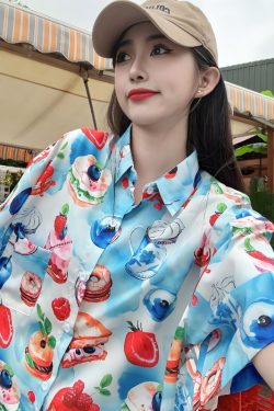 2025 Summer Women's Cartoon Print Short Sleeve Shirt - Casual Loose Hawaiian Beach Top