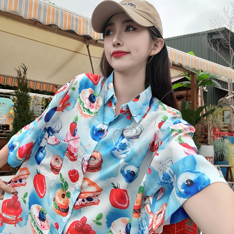 2025 Summer Women's Cartoon Print Short Sleeve Shirt - Casual Loose Hawaiian Beach Top 2025 Summer Women's Cartoon Print Short Sleeve Shirt - Casual Loose Hawaiian Beach Top