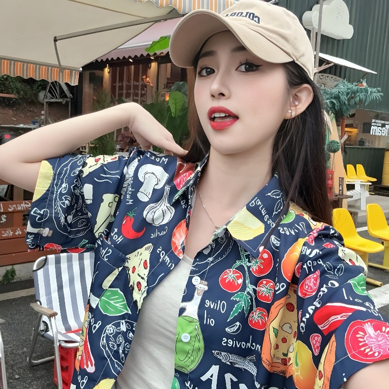 2025 Summer Women's Cartoon Print Short Sleeve Shirt - Casual Loose Hawaiian Beach Top 2025 Summer Women's Cartoon Print Short Sleeve Shirt - Casual Loose Hawaiian Beach Top