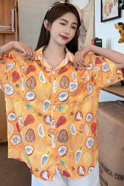 2025 Summer Women's Cartoon Print Short Sleeve Shirt - Casual Loose Hawaiian Beach Top