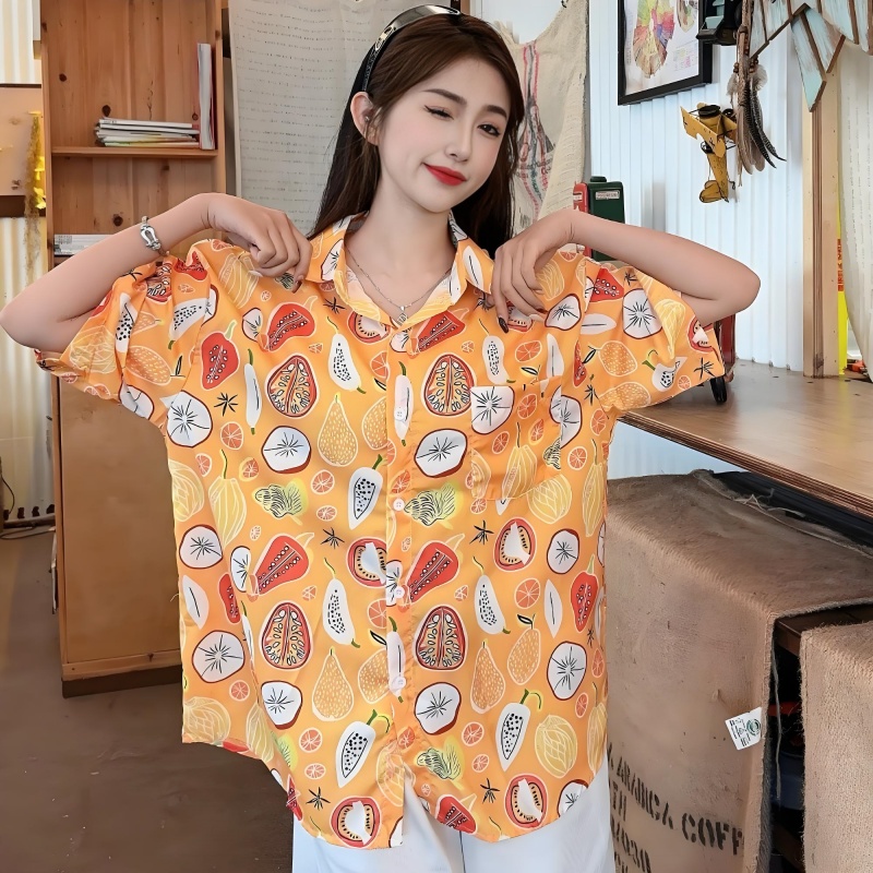 2025 Summer Women's Cartoon Print Short Sleeve Shirt - Casual Loose Hawaiian Beach Top 2025 Summer Women's Cartoon Print Short Sleeve Shirt - Casual Loose Hawaiian Beach Top