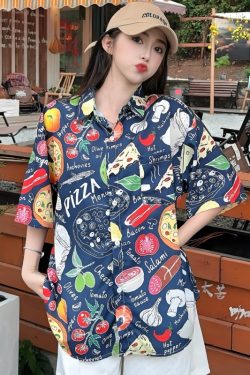 2025 Summer Women's Cartoon Print Short Sleeve Shirt - Casual Loose Hawaiian Beach Top