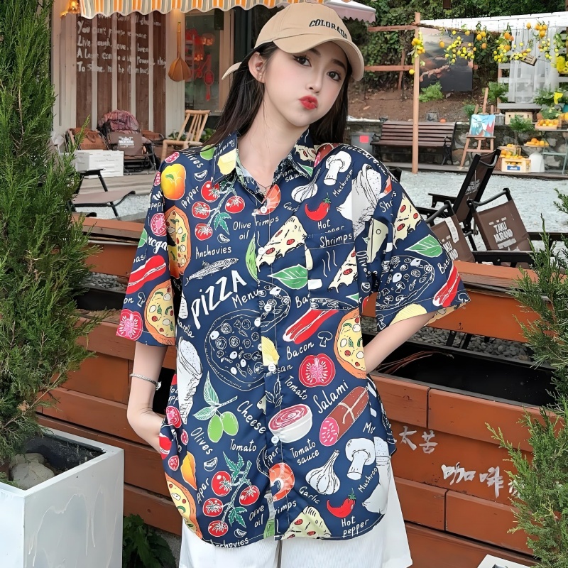 2025 Summer Women's Cartoon Print Short Sleeve Shirt - Casual Loose Hawaiian Beach Top 2025 Summer Women's Cartoon Print Short Sleeve Shirt - Casual Loose Hawaiian Beach Top