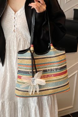 2025 Summer Women's Large Capacity Woven Straw Tote Bag - Minimalist Casual Beach Vacation Style