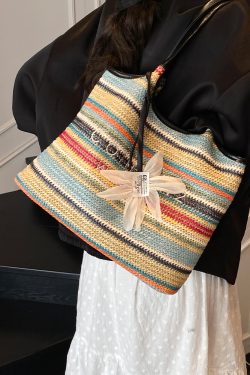 2025 Summer Women's Large Capacity Woven Straw Tote Bag - Minimalist Casual Beach Vacation Style