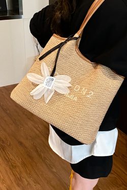2025 Summer Women's Large Capacity Woven Straw Tote Bag - Minimalist Casual Beach Vacation Style