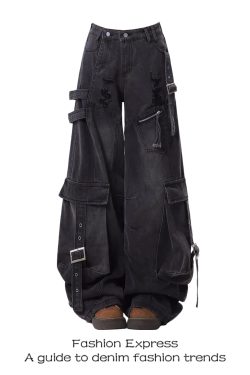 2025 Women's American Style Heavy-Duty Ripped Wide-Leg Workwear Jeans with Multi-Pockets for Spring & Autumn Fashion