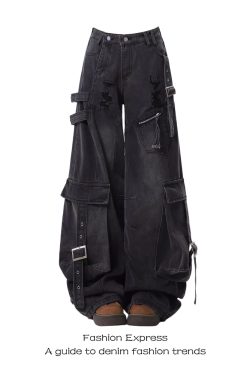 2025 Women's American Style Heavy-Duty Ripped Wide-Leg Workwear Jeans with Multi-Pockets for Spring & Autumn Fashion