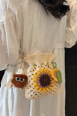 2025 Women's Cotton Woven Crossbody Bag with Pearl Chain - Small Beach Vacation Phone Bag for Summer Style