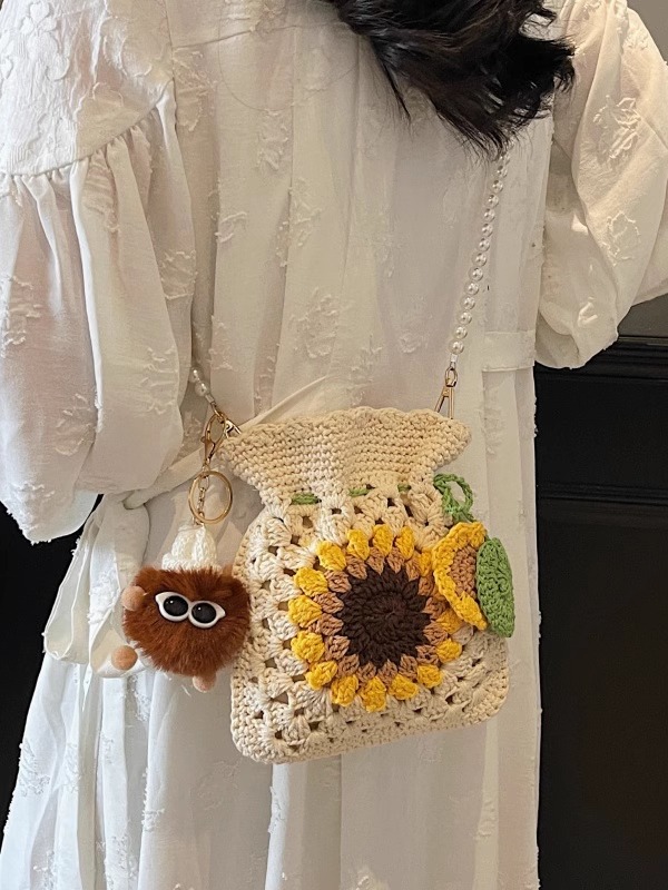 2025 Women's Cotton Woven Crossbody Bag with Pearl Chain - Small Beach Vacation Phone Bag for Summer Style 2025 Women's Cotton Woven Crossbody Bag with Pearl Chain - Small Beach Vacation Phone Bag for Summer Style