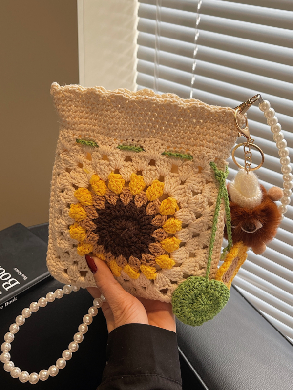 2025 Women's Cotton Woven Crossbody Bag with Pearl Chain - Small Beach Vacation Phone Bag for Summer Style 2025 Women's Cotton Woven Crossbody Bag with Pearl Chain - Small Beach Vacation Phone Bag for Summer Style