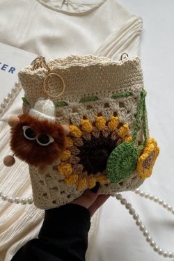 2025 Women's Cotton Woven Crossbody Bag with Pearl Chain - Small Beach Vacation Phone Bag for Summer Style