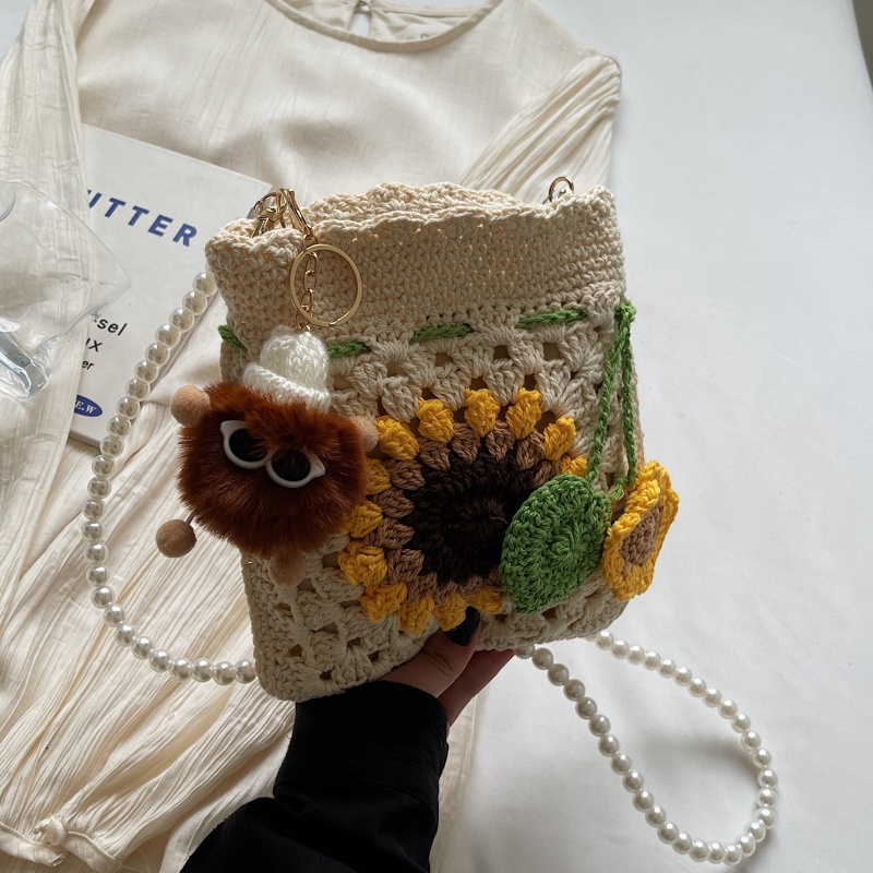 2025 Women's Cotton Woven Crossbody Bag with Pearl Chain - Small Beach Vacation Phone Bag for Summer Style 2025 Women's Cotton Woven Crossbody Bag with Pearl Chain - Small Beach Vacation Phone Bag for Summer Style