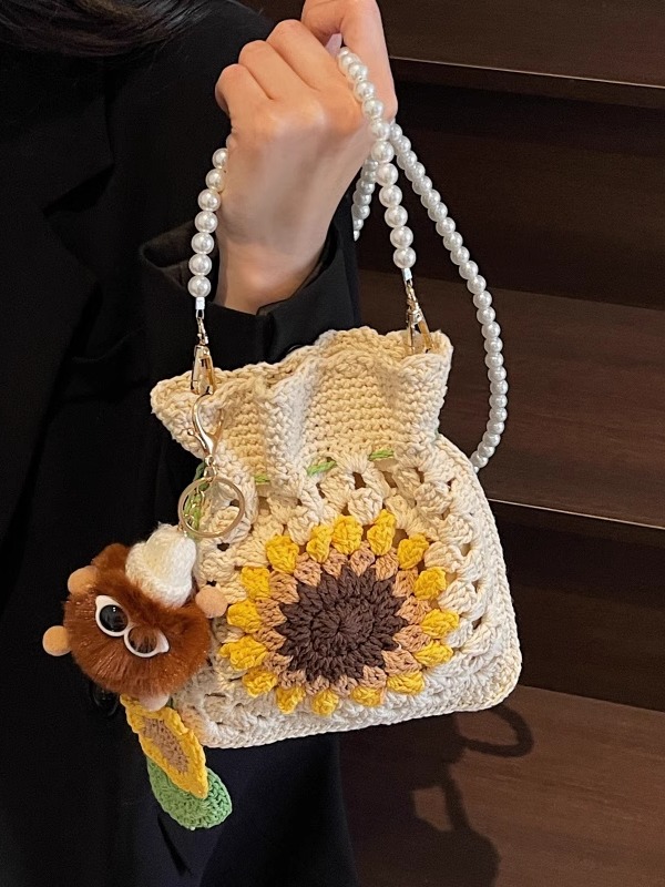 2025 Women's Cotton Woven Crossbody Bag with Pearl Chain - Small Beach Vacation Phone Bag for Summer Style 2025 Women's Cotton Woven Crossbody Bag with Pearl Chain - Small Beach Vacation Phone Bag for Summer Style